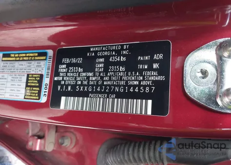 2022 Kia K5 Lxs z USA, uszkodzony, nr VIN 5XXG14J27NG144587